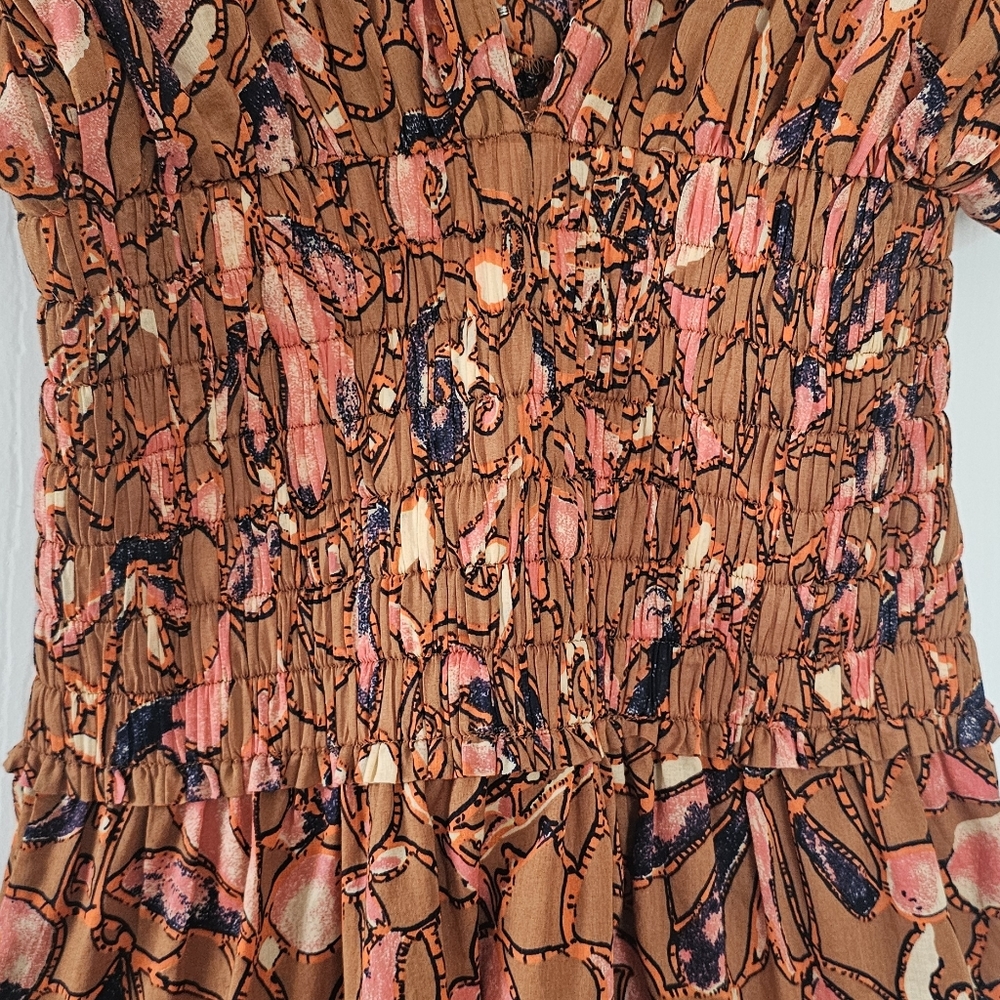 A.L.C. Lucia Corset Waist Cotton Floral Midi Dress Size 0 Bronze Navy Coral - Picture 11 of 14